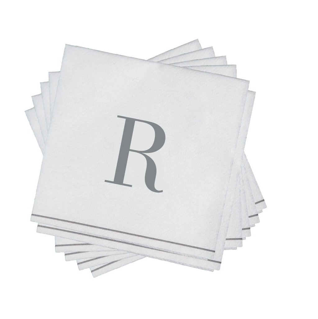 Luxe Party NYC Napkins 16 Napkins / White and Silver R - Bodoni Script Single Initial Paper Beverage Napkins