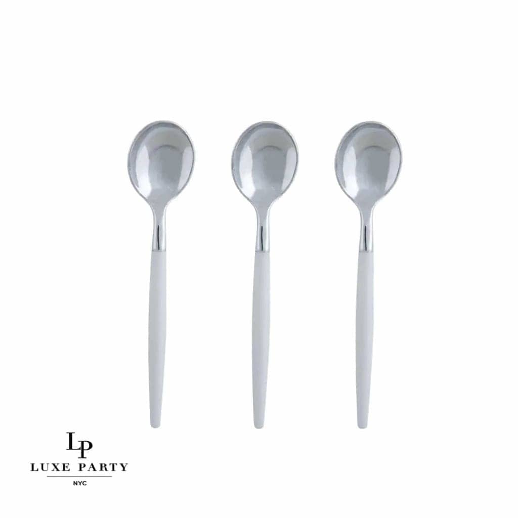 Luxe Party NYC Two Tone Mini 20 Mini Spoons White and Silver Plastic Mini Spoons | 20 Spoons