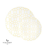 Round Accent Pattern Plastic Plates 10.25" Dinner Plates Round White • Gold X  Pattern Plastic Plates | 10 Pack