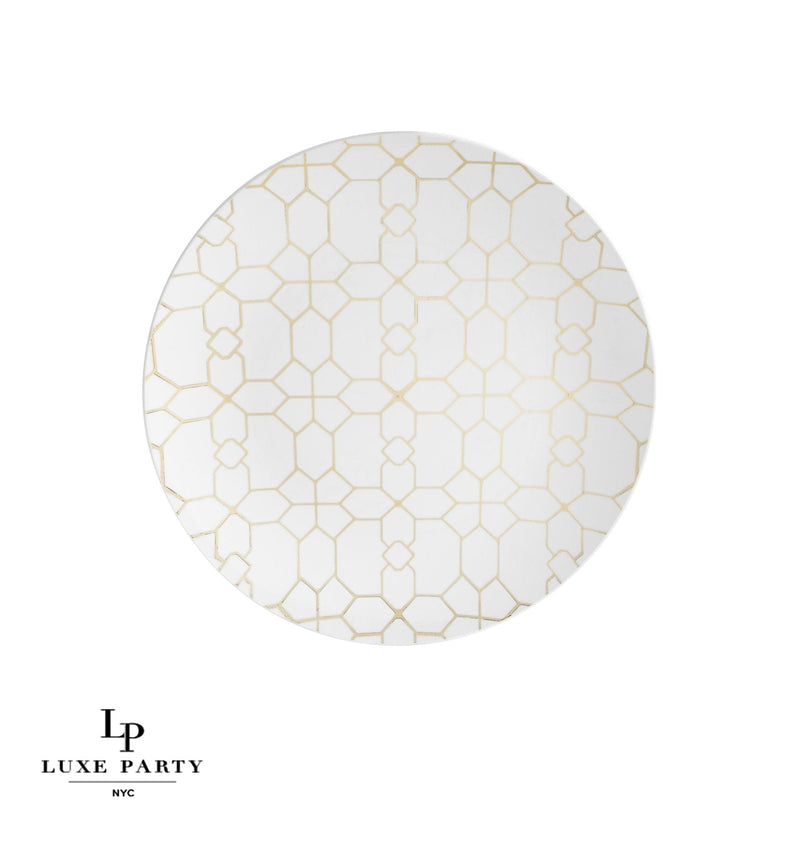 Round Accent Pattern Plastic Plates 10.25" Dinner Plates Round White • Gold X  Pattern Plastic Plates | 10 Pack