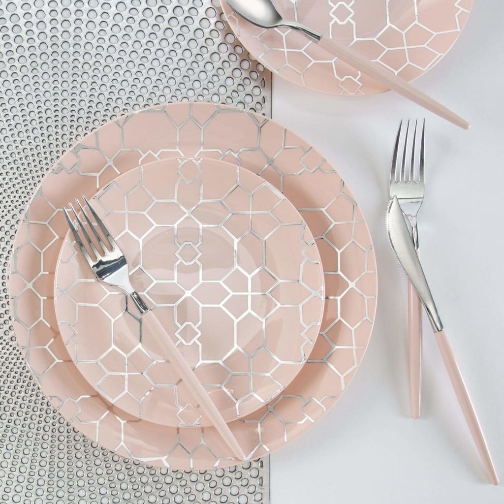 Round Accent Pattern Plastic Plates Round Blush • Silver Pattern Plastic Plates | 10 Pack