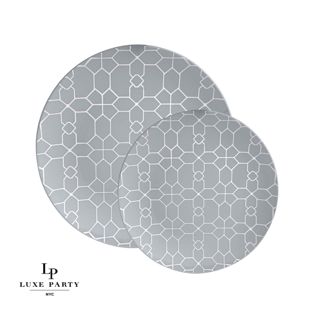 Round Accent Pattern Plastic Plates Round Grey • Silver Pattern Plastic Plates | 10 Pack