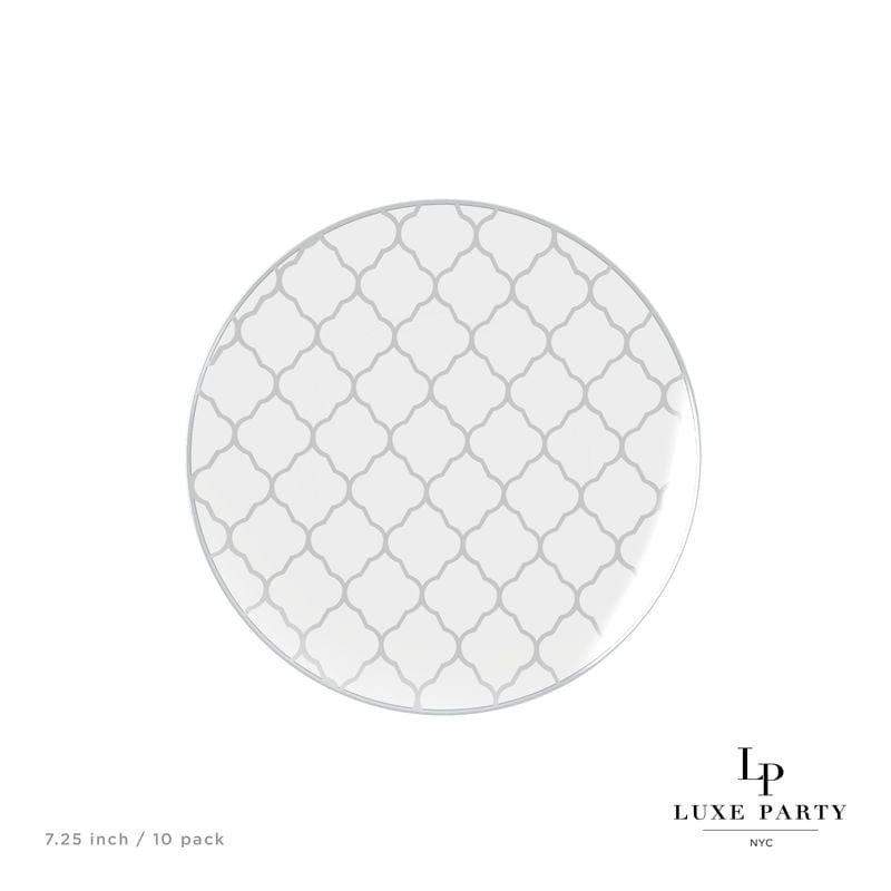 Round Lattice Plastic Plates 7.25" Appetizer Plates Round Clear • Silver Lattice Pattern Plastic Plates | 10 Pack