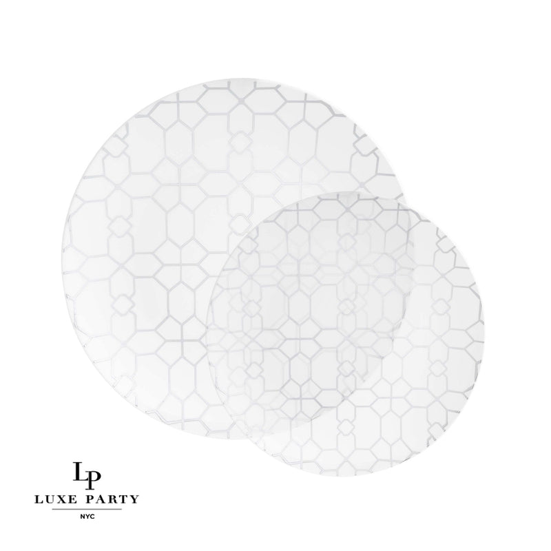 Round Lattice Plastic Plates Round Clear • Silver Pattern Plastic Plates | 10 Pack