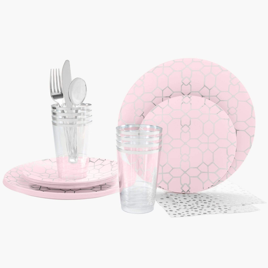 Round Set Party Box 56 Pc | Round Coupe Blush • Silver Plastic Party Set