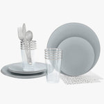 Round Set Party Box 56 Pc | Round Coupe Grey • Silver Plastic Party Set