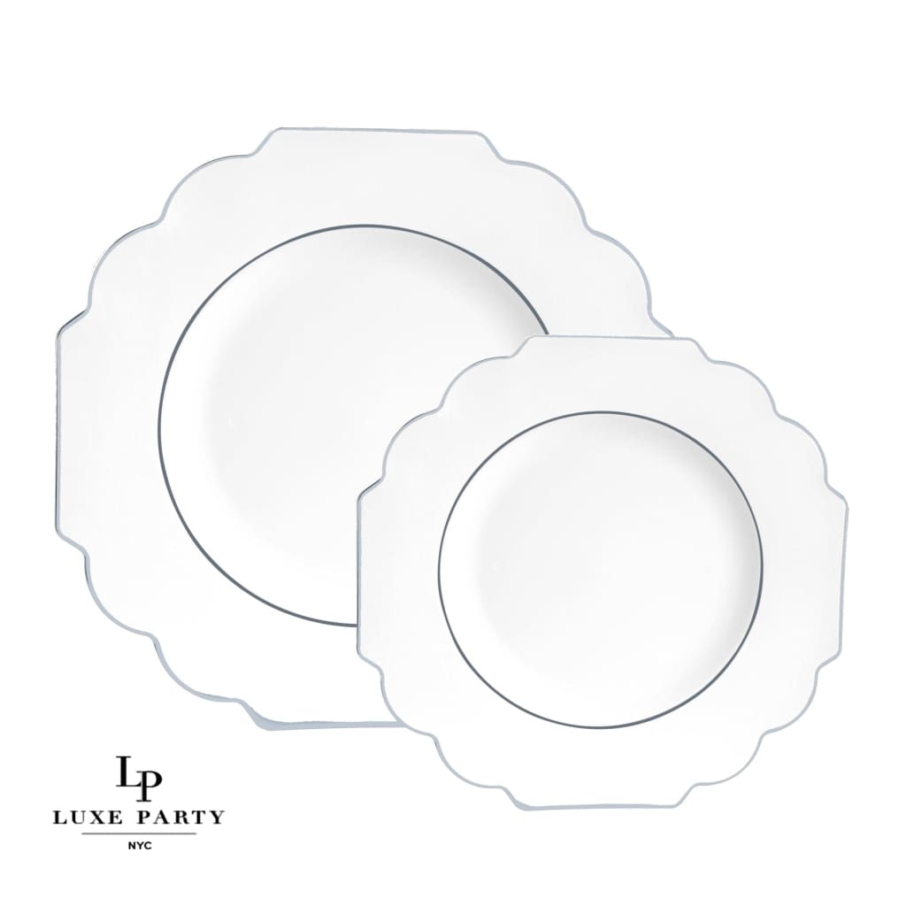 Scallop Design Plastic Plates 10.7" Dinner Plates / 10 Plastic Plates Scalloped White • Silver Plastic Plates | 10 Pack