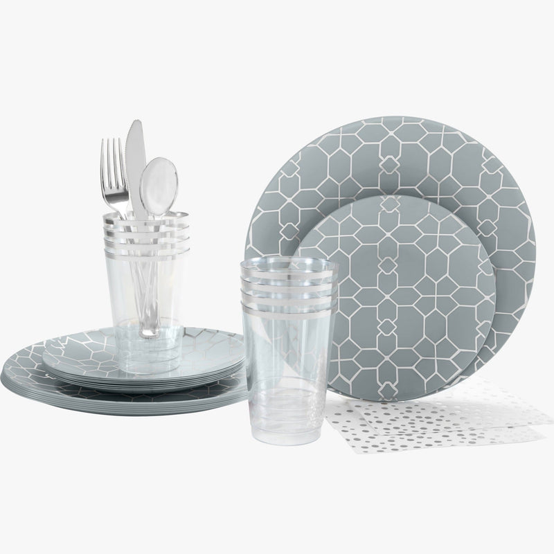 Set Round Pattern Party Box 56 Pc | Round Pattern Grey • Silver Plastic Party Set