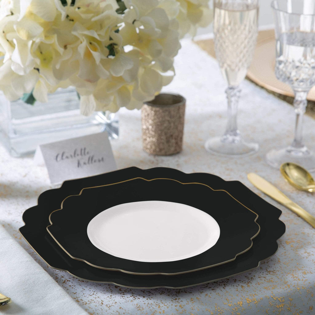 Set Scallop Design Party Box 56 Pc | Colored Scalloped Black • Gold Plastic Party Set