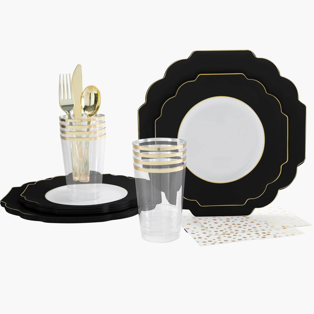 Set Scallop Design Party Box 56 Pc | Colored Scalloped Black • Gold Plastic Party Set