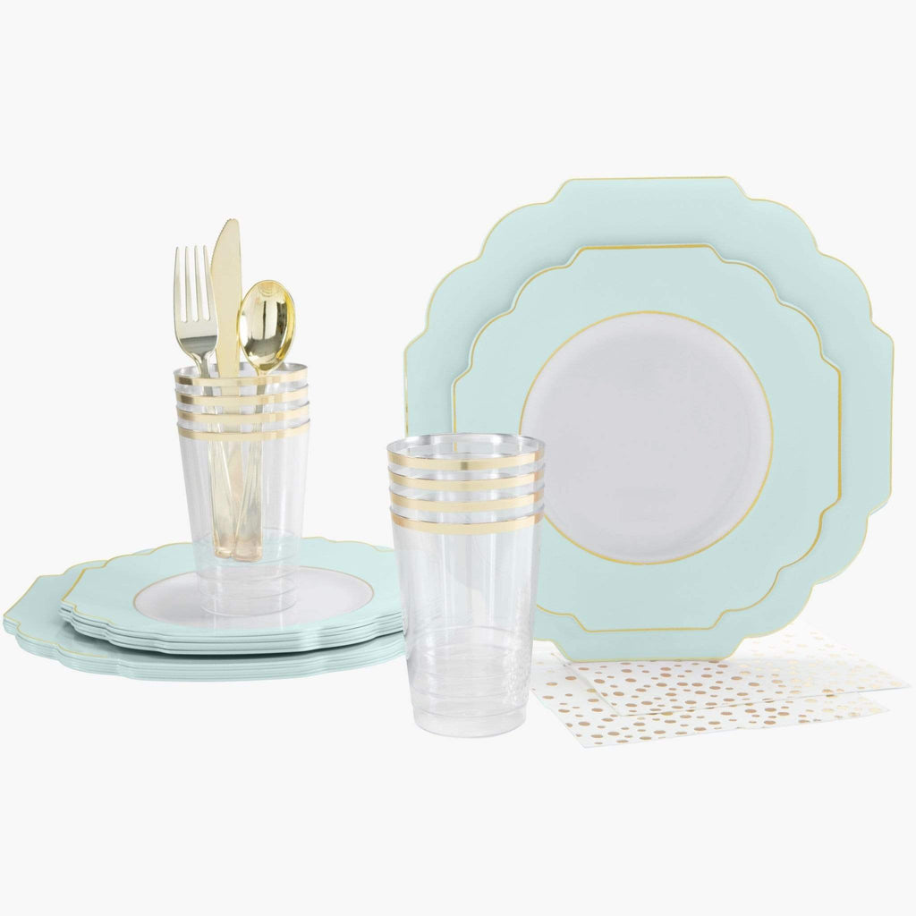 Set Scallop Design Party Box 56 Pc | Colored Scalloped Mint • Gold Plastic Party Set