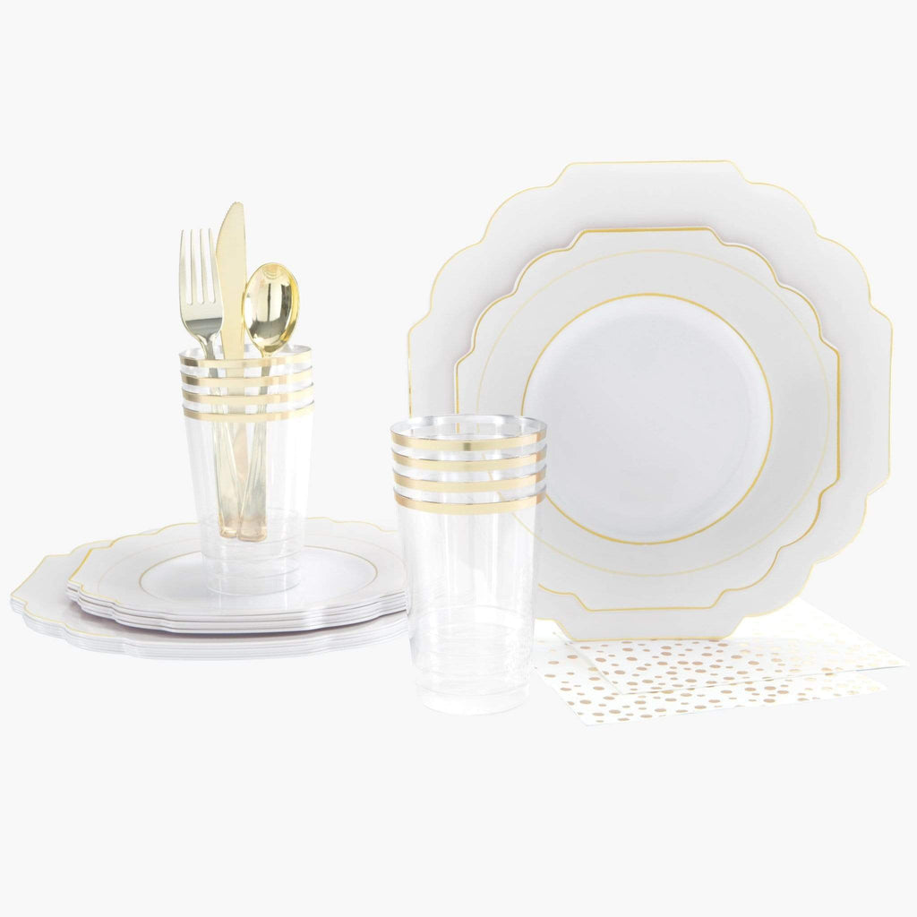 Set Scallop Design Party Box 56 Pc | Solid Scallop Clear • Gold Plastic Party Set