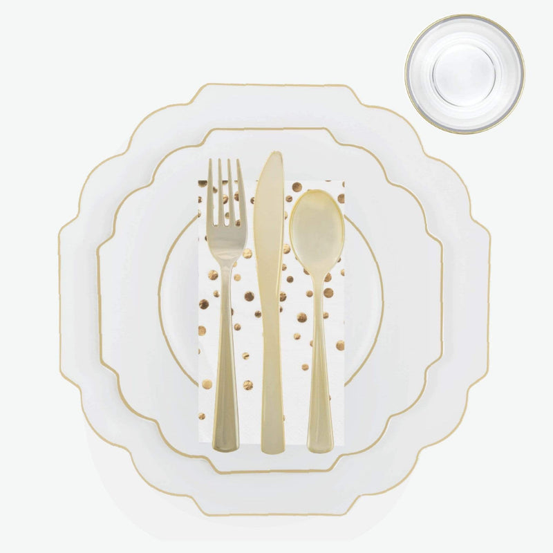 Set Scallop Design Party Box 56 Pc | Solid Scallop Clear • Gold Plastic Party Set