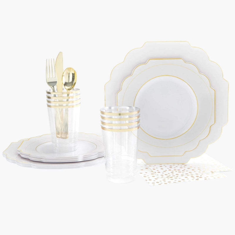 Set Scallop Design Party Box 56 Pc | Solid Scallop  White • Gold Plastic Party Set