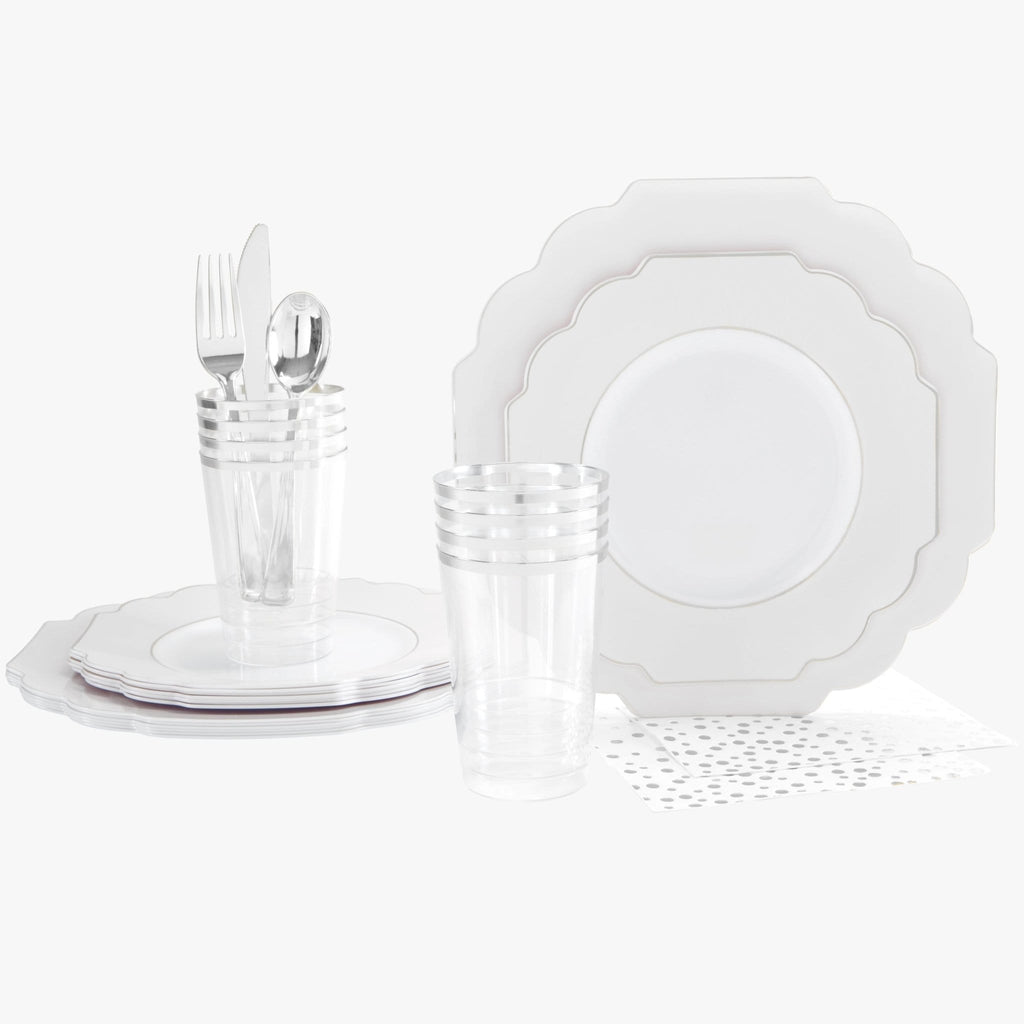 Set Scallop Design Party Box 56 Pc | Solid Scallop White • Silver Plastic Party Set