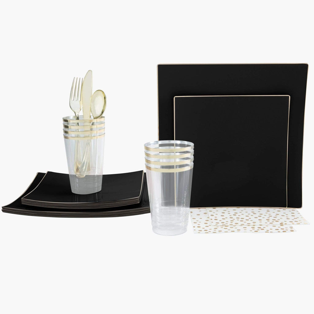 Set Square Accent Party Box 56 Pc | Square Coupe Black • Gold Plastic Party Set