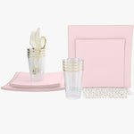 Set Square Accent Party Box 56 Pc | Square Coupe Blush • Gold Plastic Party Set