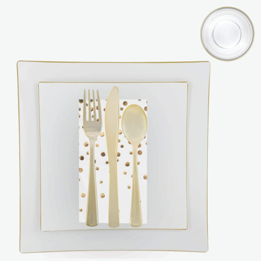 Set Square Accent Party Box 56 Pc | Square Coupe White • Gold Plastic Party Set