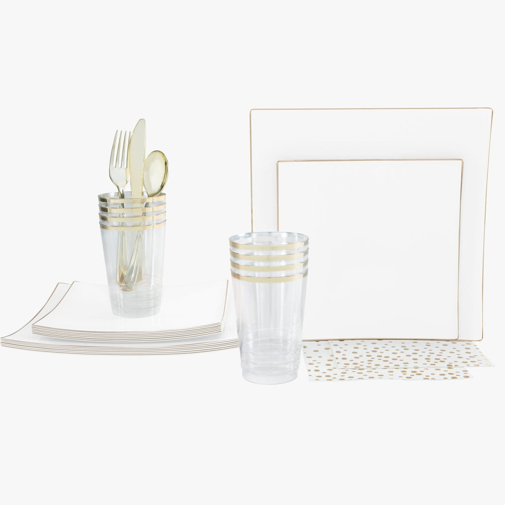 Set Square Accent Party Box 56 Pc | Square Coupe White • Gold Plastic Party Set