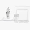 Set Square Accent Party Box 56 Pc | Square Coupe White • Silver Plastic Party Set