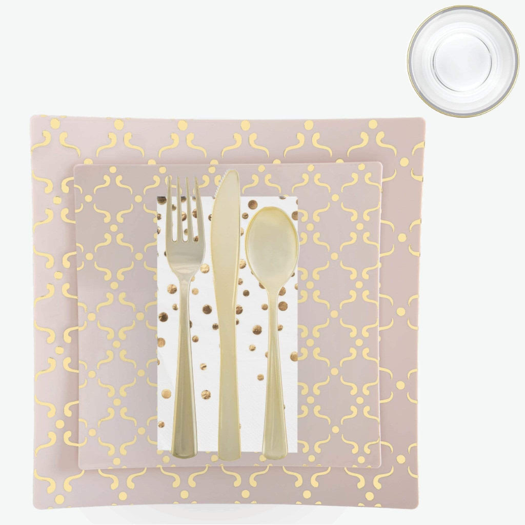 Set Square Pattern Party Box 56 Pc | Square Pattern Blush • Gold Plastic Party Set