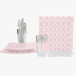 Set Square Pattern Party Box 56 Pc | Square Pattern Blush • Silver Plastic Party Set