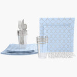 Set Square Pattern Party Box 56 Pc | Square Pattern Ice Blue • Silver Plastic Party Set