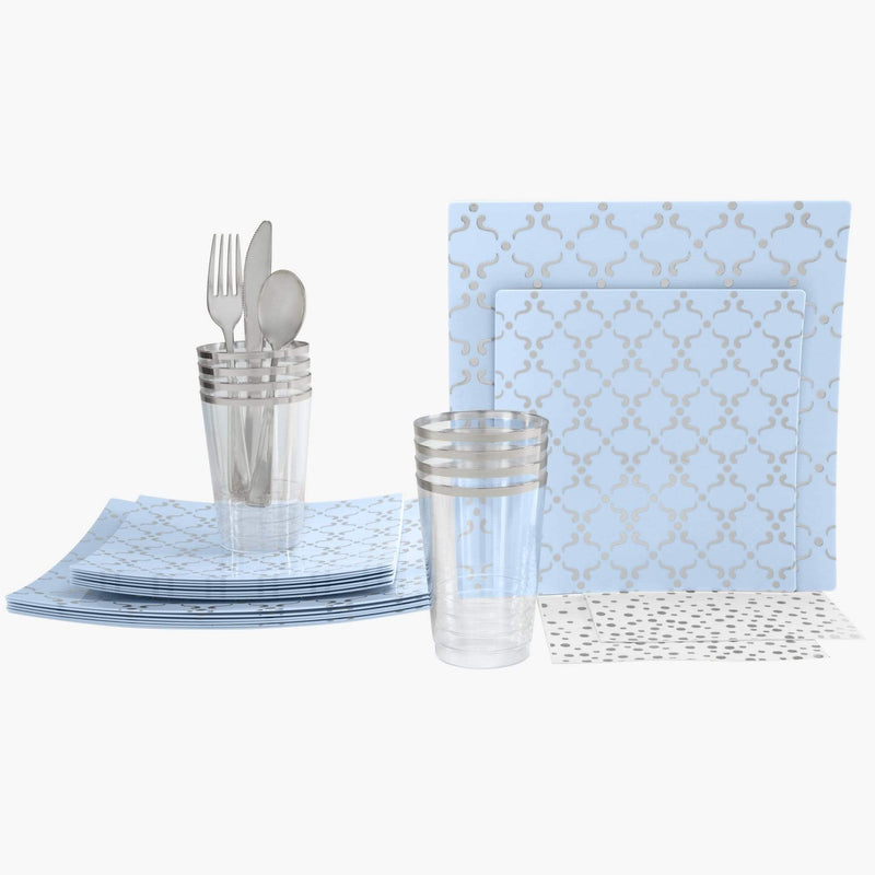 Set Square Pattern Party Box 56 Pc | Square Pattern Ice Blue • Silver Plastic Party Set