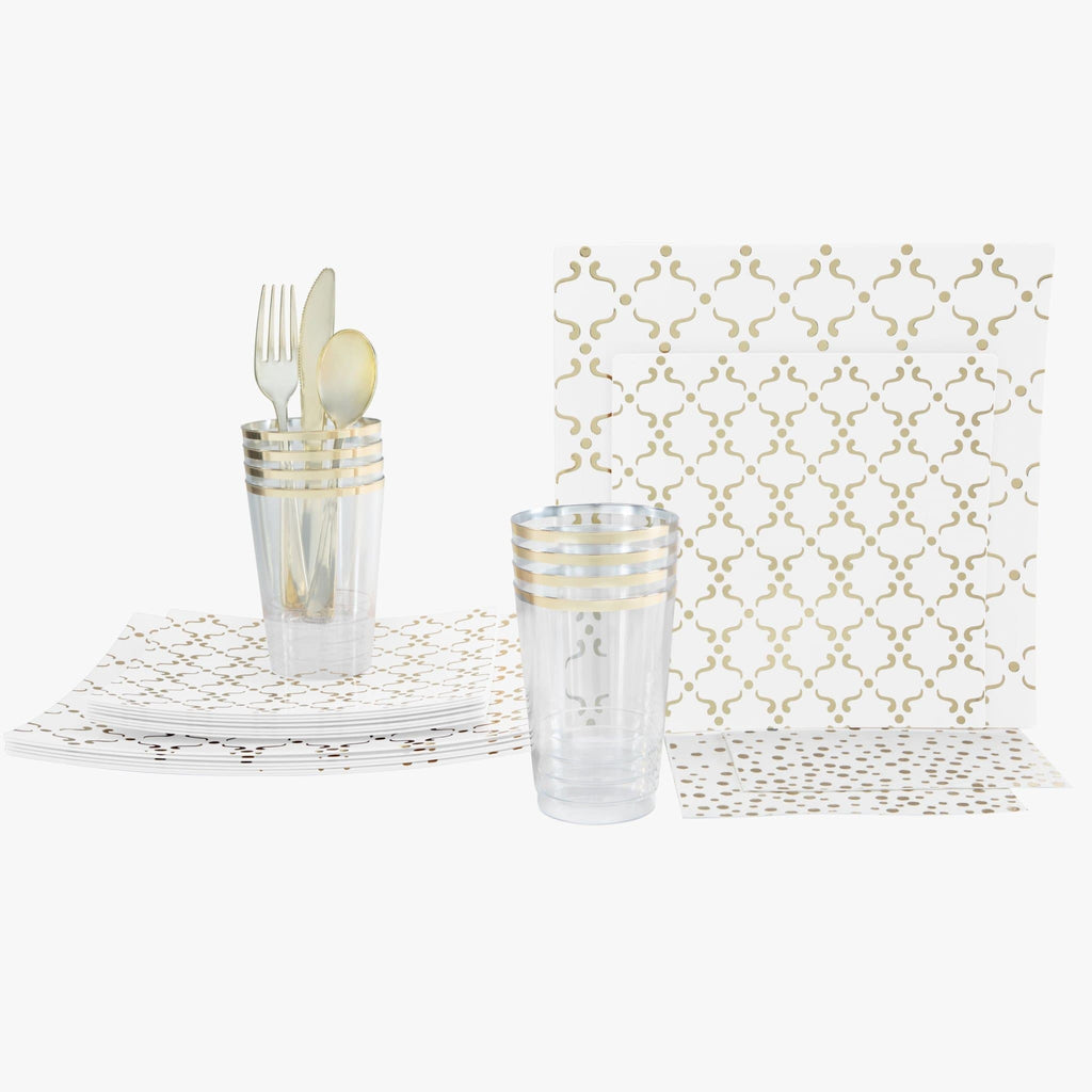 Set Square Pattern Party Box 56 Pc | Square Pattern White • Gold Plastic Party Set