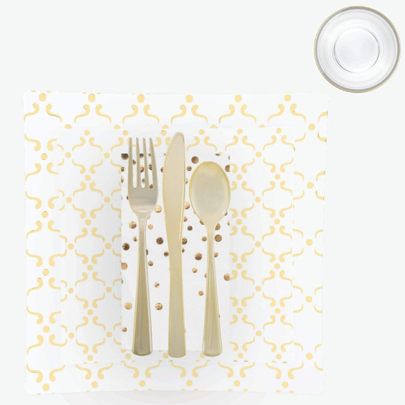 Set Square Pattern Party Box 56 Pc | Square Pattern White • Gold Plastic Party Set