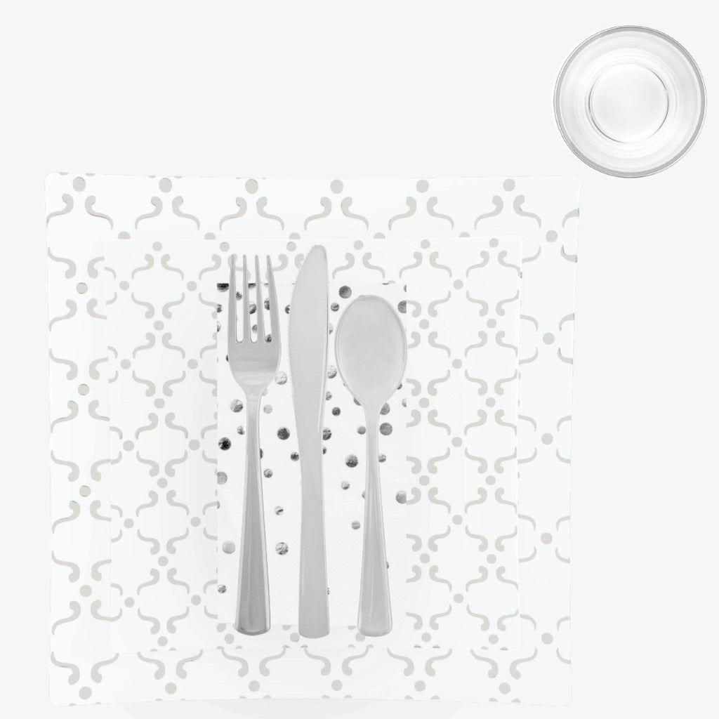 Set Square Pattern Party Box 56 Pc | Square Pattern White • Silver Plastic Party Set