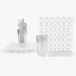 Set Square Pattern Party Box 56 Pc | Square Pattern White • Silver Plastic Party Set