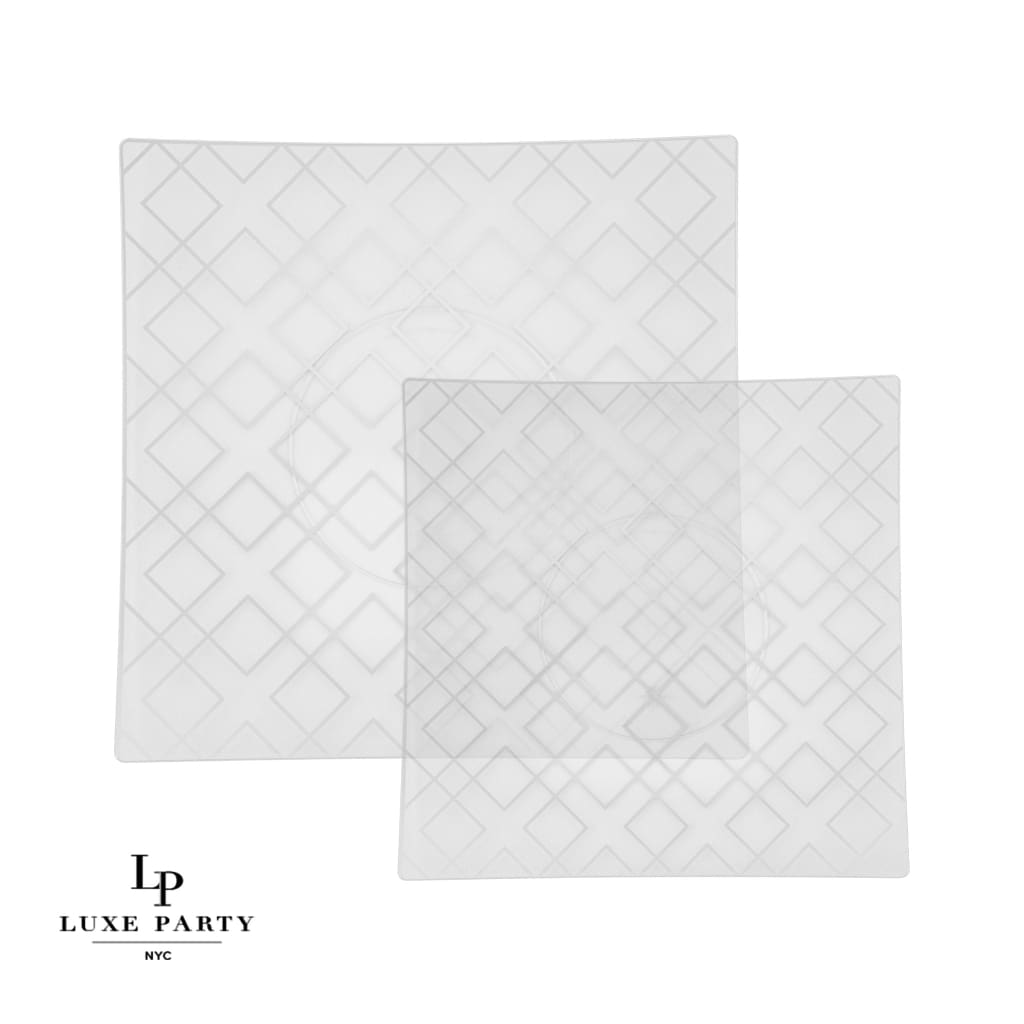 Square Accent Pattern Plastic Plates Square Clear • Silver Art Deco Pattern Plastic Plates | 10 Plates