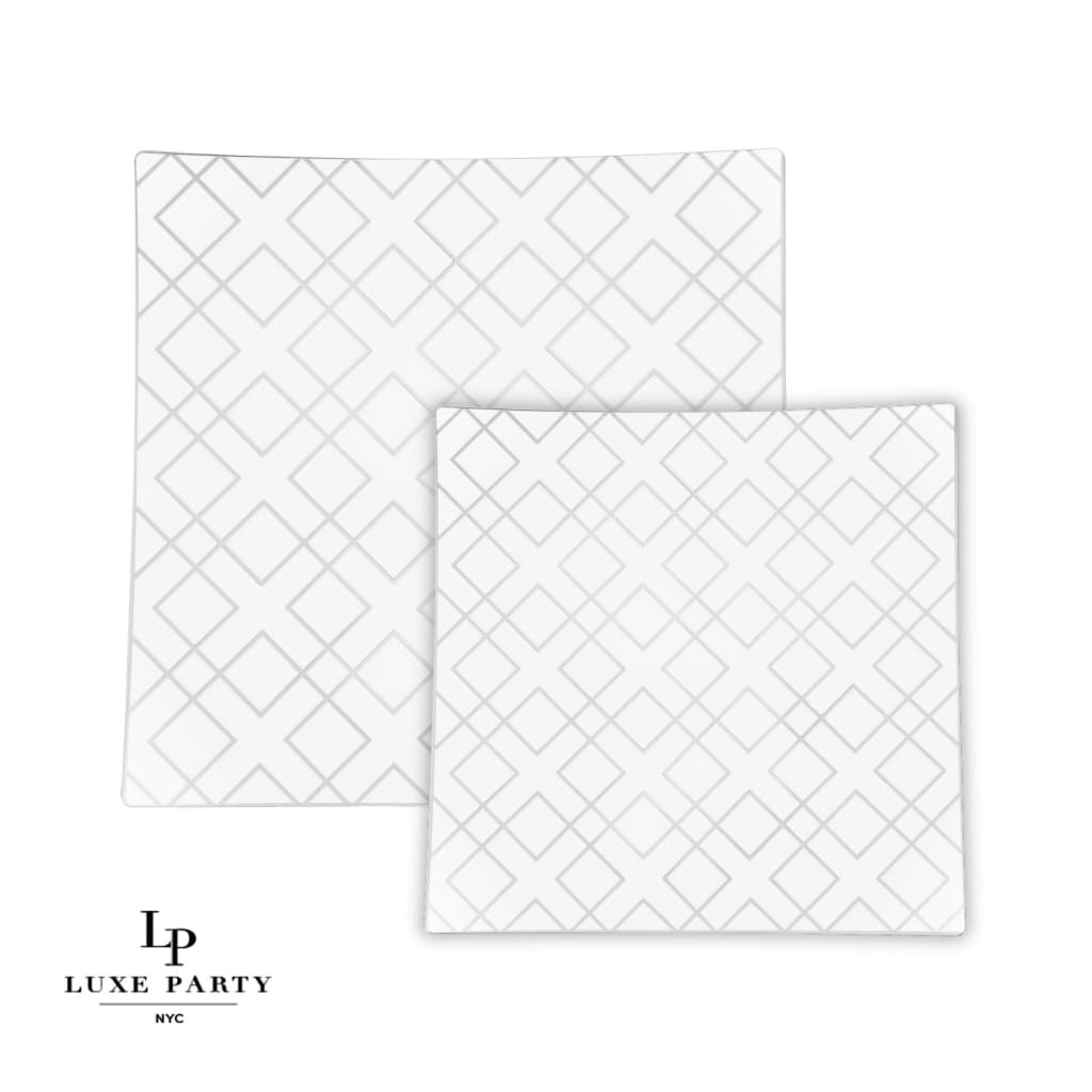 Square Accent Pattern Plastic Plates Square White • Silver Art Deco Pattern Plastic Plates | 10 Plates