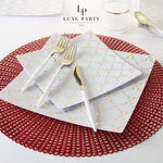 Square Accent Pattern Plastic Plates Square White • Gold Pattern Plastic Plates | 10 Plates